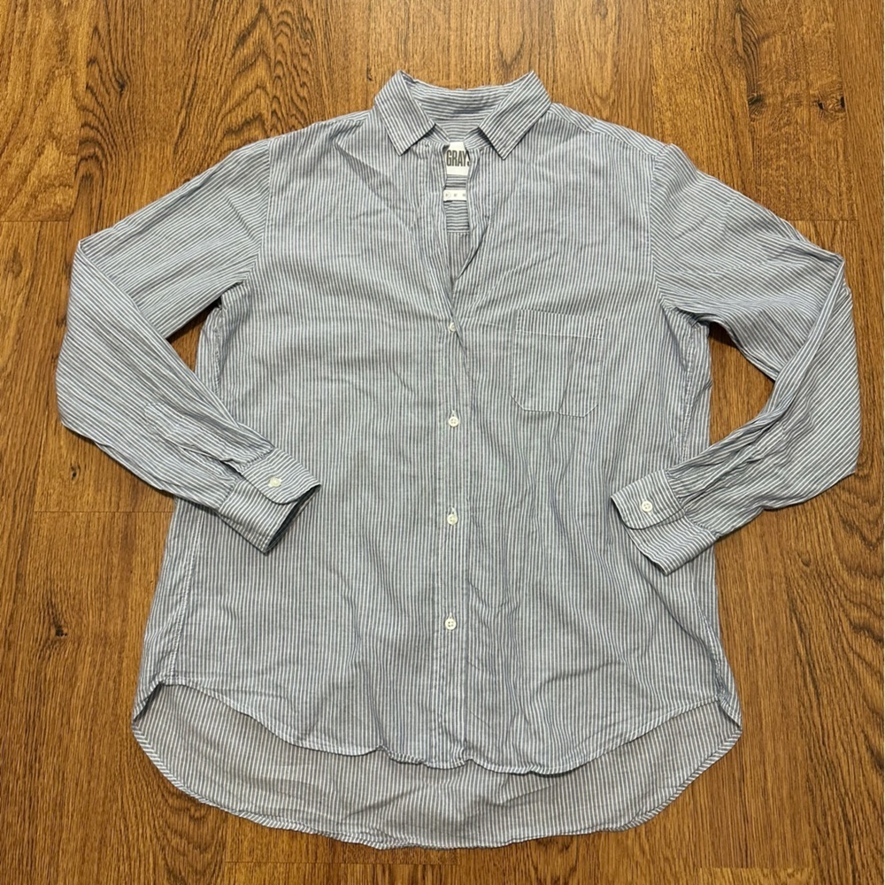 Grayson Anthropologie Blue Striped 100% cotton lightweight button down shirt 1